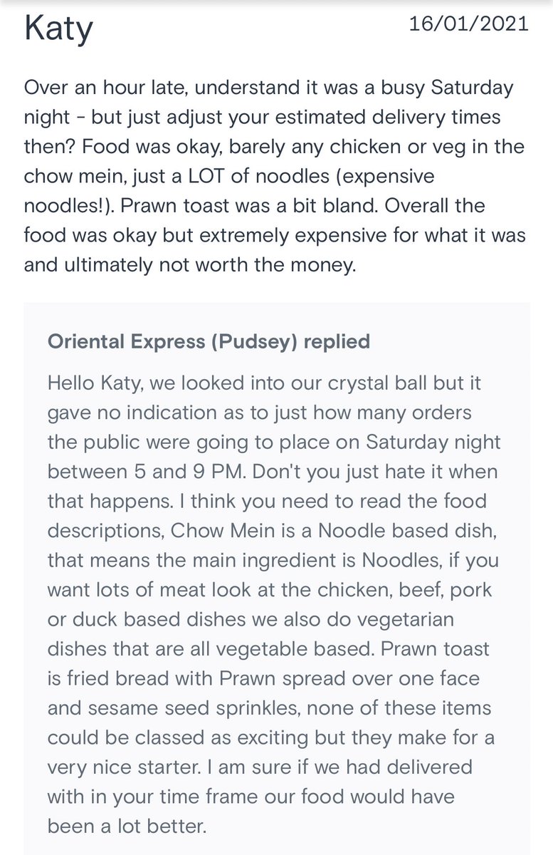 gabbiejarvis's tweet image. I am sat crying reading these just eat reviews from a Chinese in Leeds 😭🤣