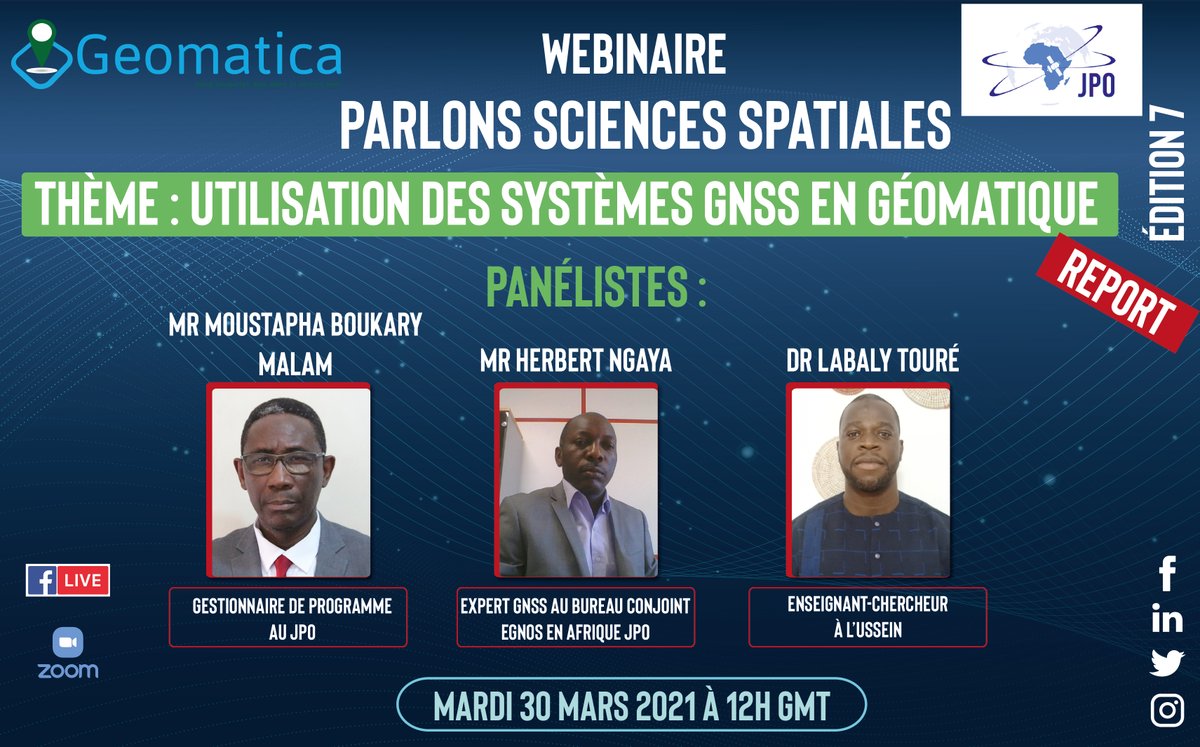 SatnavAfricaJPO's tweet photo. Nous vous donnons rendez-vous aujourd'hui à 12h GMT sur zoom pour le webinaire Parlons #Sciences #Spatiales: Utilisation des #Systèmes #GNSS en #Géomatique en collaboration avec @Geomatica_sn Lien zoom: https://t.co/eFemItsuyA
#JPO #Geomatica #kebetu #geomatique #ScienceSpatiale https://t.co/LmXHkJETWV