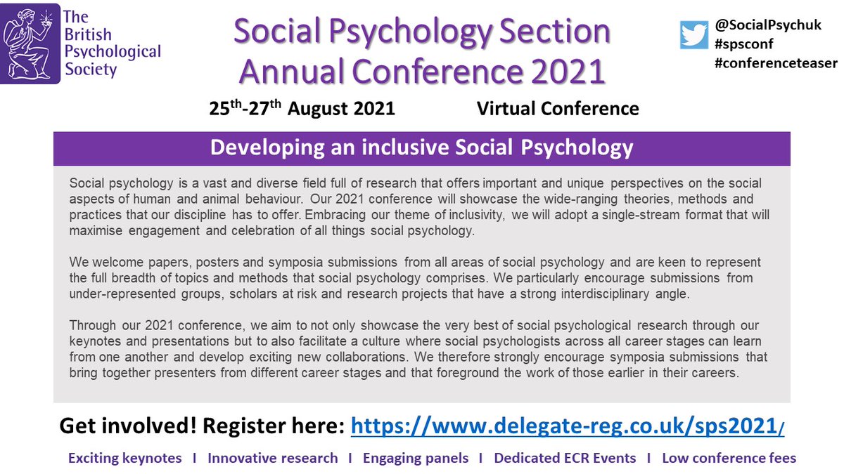 socialpsychUK's tweet photo. @SocialPsychuk Conference 2021: 
developing an inclusive Social Psychology.

- Virtual event.
- Showcasing theories, methods and practices.
- Single stream format to maximise engagement.

Get involved! 
Register here: https://t.co/LN5CtB90vx 

#spsconf #conferenceteaser https://t.co/Vtafq0lHMC