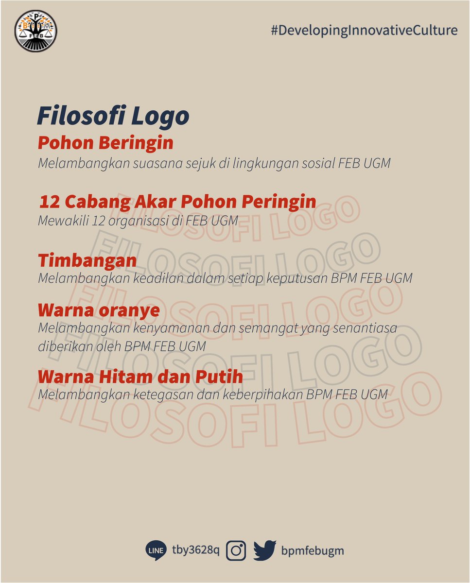 bpmfebugm's tweet photo. [FILOSOFI LOGO BPM FEB UGM 2021]

Halo, Keluarga FEB UGM👋🏼
Kepengurusan periode ini akan diawali dengan filosofi logo yang menjadi representasi visual dari BPM FEB UGM. Yuk, cari tahu tetang makna logo BPM FEB UGM👉🏼

BPM FEB UGM 2021
#DevelopingInnovativeCulture
#VivaLegislativa https://t.co/jLkLz9UMqt