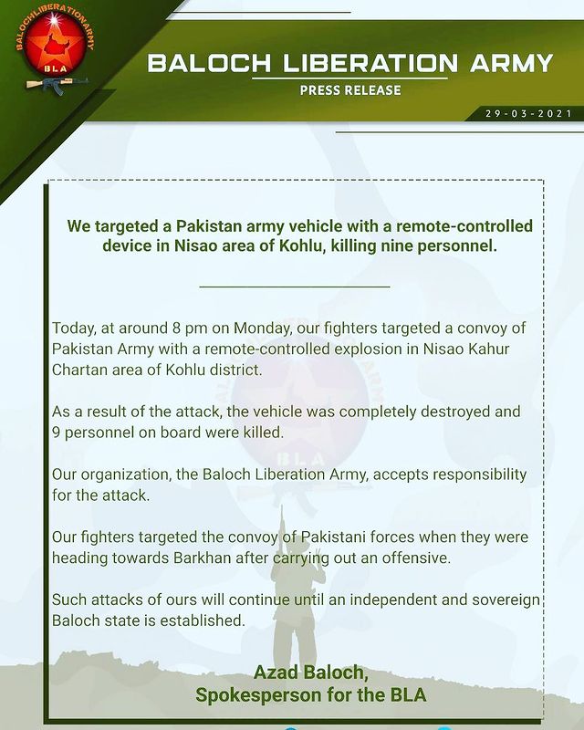 KDMedia5's tweet photo. BLA old fraction claimed responsibility for an IED attack on Pakistan Army convoy in Nisao area of Kohlu. BLA claimed 9 Pakistan Army casualties https://t.co/kA5S731A3l
