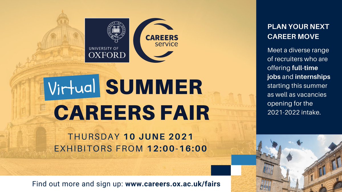 Careers Service, University of Oxford (@oxfordcareers) on Twitter photo ☀🎉 Registration is now open for the Virtual Summer Careers Fair on 10 June!
Our final careers fair of this academic year invites <a href="/UniofOxford/">University of Oxford</a> students, researchers and alumni to meet recruiters who are advertising jobs, internships, and graduate roles.
careers.ox.ac.uk/summer-fair-20… ☀🎉 Registration is now open for the Virtual Summer Careers Fair on 10 June!
Our final careers fair of this academic year invites <a href="/UniofOxford/">University of Oxford</a> students, researchers and alumni to meet recruiters who are advertising jobs, internships, and graduate roles.
careers.ox.ac.uk/summer-fair-20…