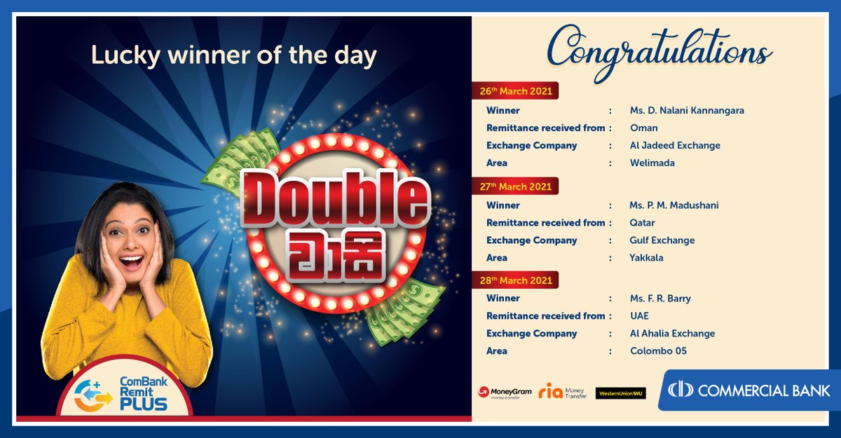 ComBank_LK's tweet photo. Get your remittance to Sri Lanka through Commercial Bank and celebrate this New Year with double benefits. A daily winner selected through a draw will get the chance to double the remittance money received. Conditions Apply.
#ComBank #RemitPlus #DoubleWasi https://t.co/wiDWEPUKnj