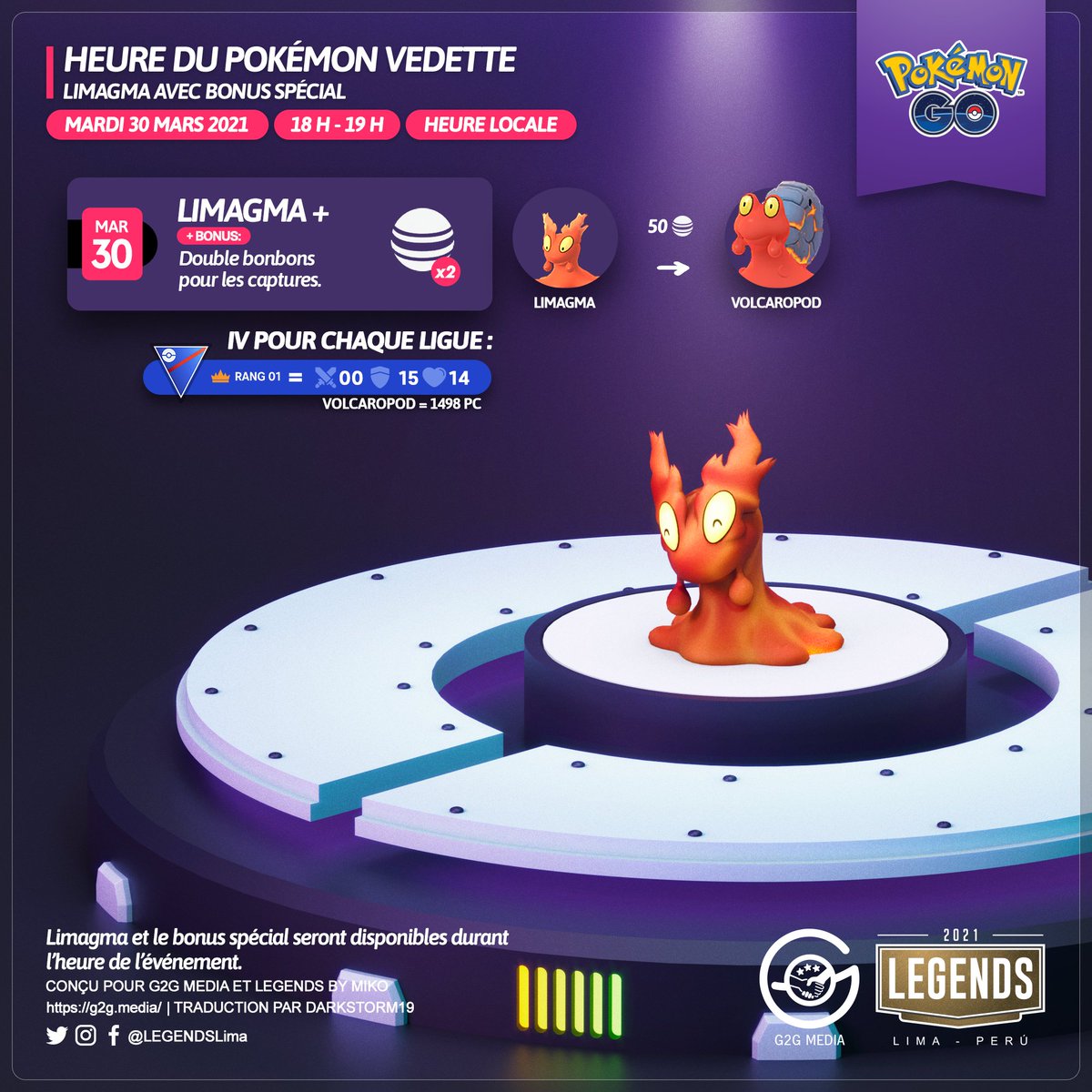 LEGENDSLima's tweet photo. 🇫🇷
Souvenez-vous Dresseurs !
#Limagma et le bonus spécial seront disponibles, Mardi 30 mars de 18h à 19h. (heure locale).
#PokemonGO #PokemonGOApp #3D #3DArt #G2G #Volcaropod https://t.co/DF92AXNOgf