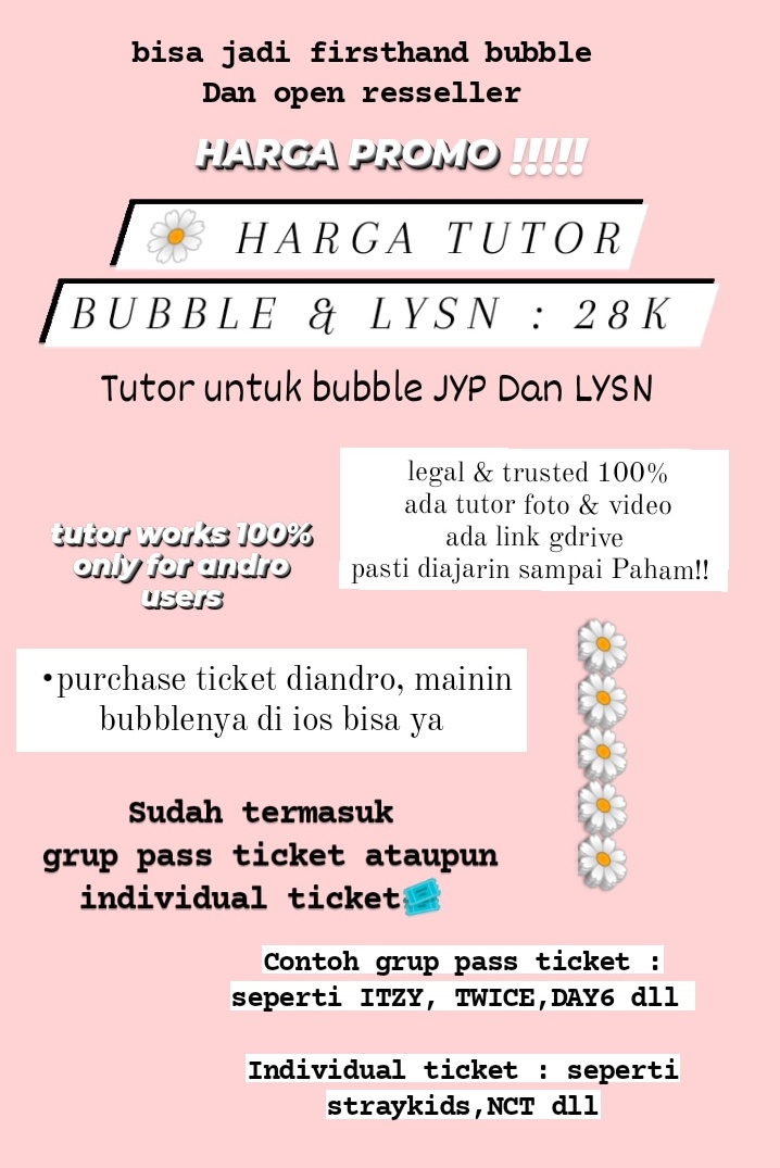 loest_open's tweet photo. Open tutor bubble jyp - lysn
Legal 100% Dan work dijamin
Untuk purchase ticket perlu gopay premium aja lho

Sudah termasuk grup pass🤗
Bisa aktivasi/perpanjangan juga

Tanya dulu? dm je 😻
#zonaba #zonabu #zonauang #zonajajan #zonalelang murah trusted 😊 https://t.co/PGT4XEIErk