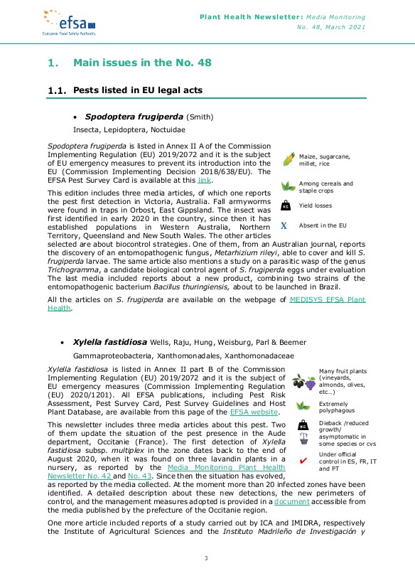 Plants_EFSA's tweet photo. The #PlantHealth Newsletter 48 is now out with results of #mediaMonitoring by #Medisys platform from 1 to 28 February 2021. Go and check all the news at the dedicated #virtualIssue of @EFSAJournal ▶️ https://t.co/CSpZDWK3GM 🦠🪰🪲
#xylella #FallArmyworm #pomacea #meloidogyne https://t.co/rLIDelGOuq
