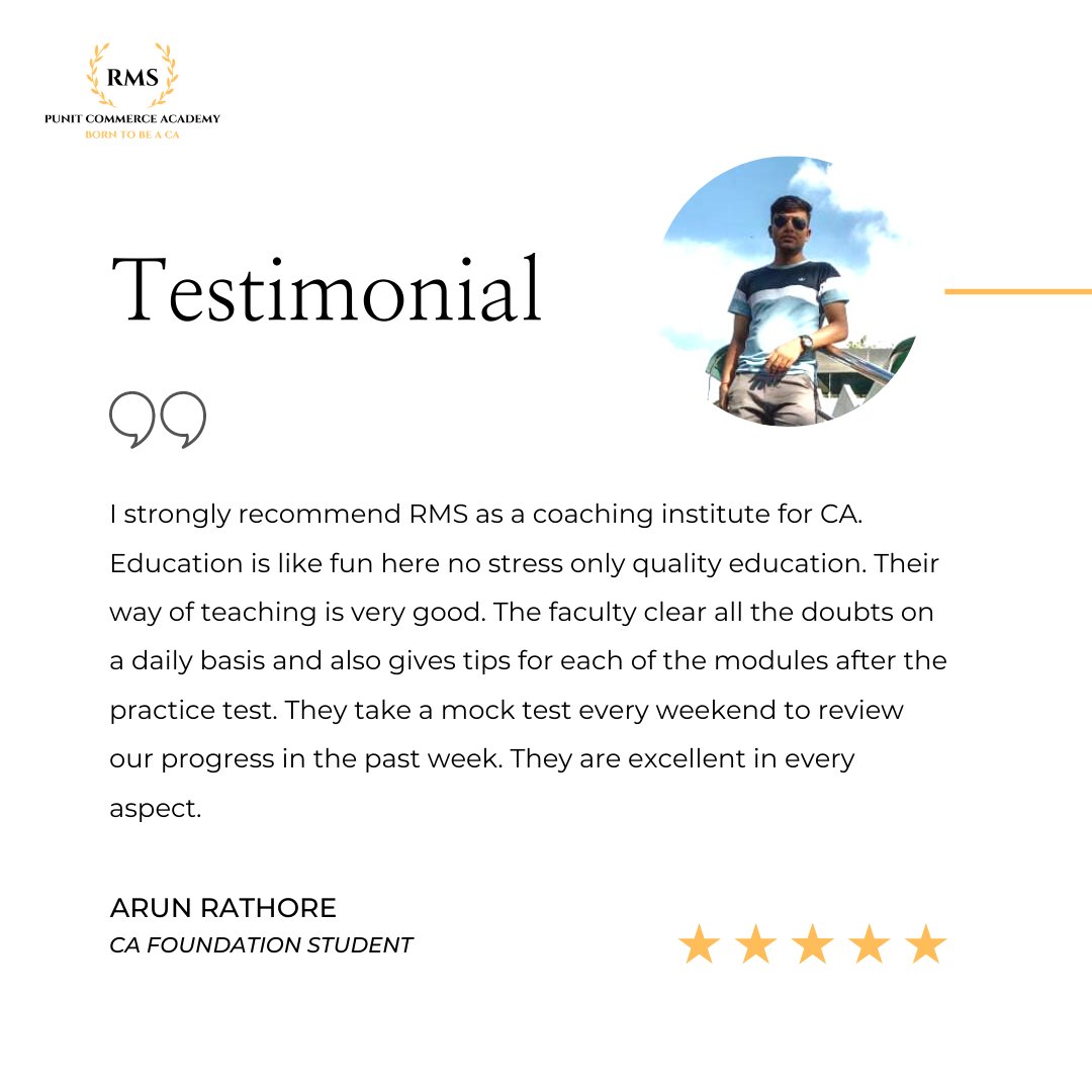We are delighted to share the experience of one of our students, Arun Rathore.

#rms #cacoaching #cainstitute #cainter #caintermediate #offlinebatch #onlinebatch #cafoundation #exam #bcom #commerce #caacademy #admissions #open #2021 #chandigarh #review #studentreview