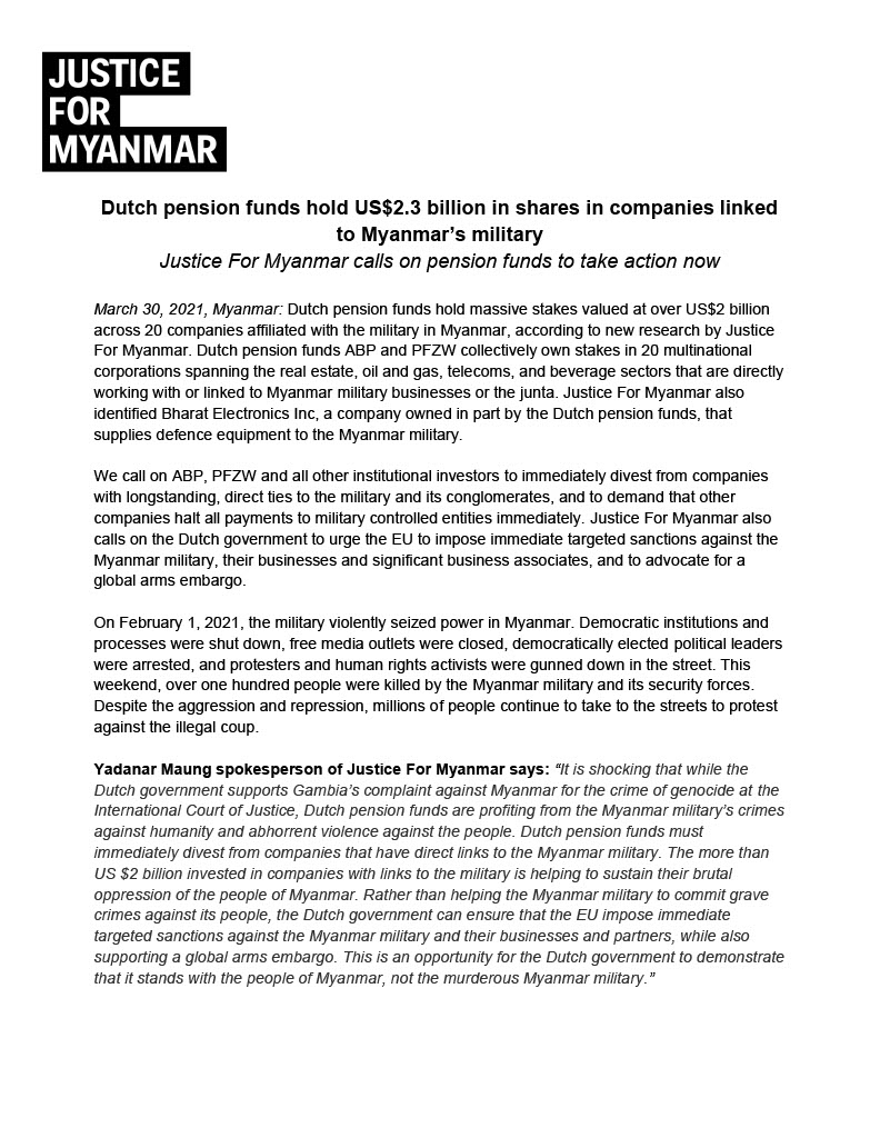 JusticeMyanmar's tweet photo. Press Release 📣 Dutch pension funds ABP &amp; PFZW hold US$2.3 billion in shares in companies linked to #Myanmar’s military. Justice For Myanmar calls on pension funds to take action now ✊🏽

Press Release 👉🏽 https://t.co/e25bdzdgrL
Brief 👉🏽 https://t.co/2IIZzhsKeu

#Myanmarcoup https://t.co/ysdiB6EogU