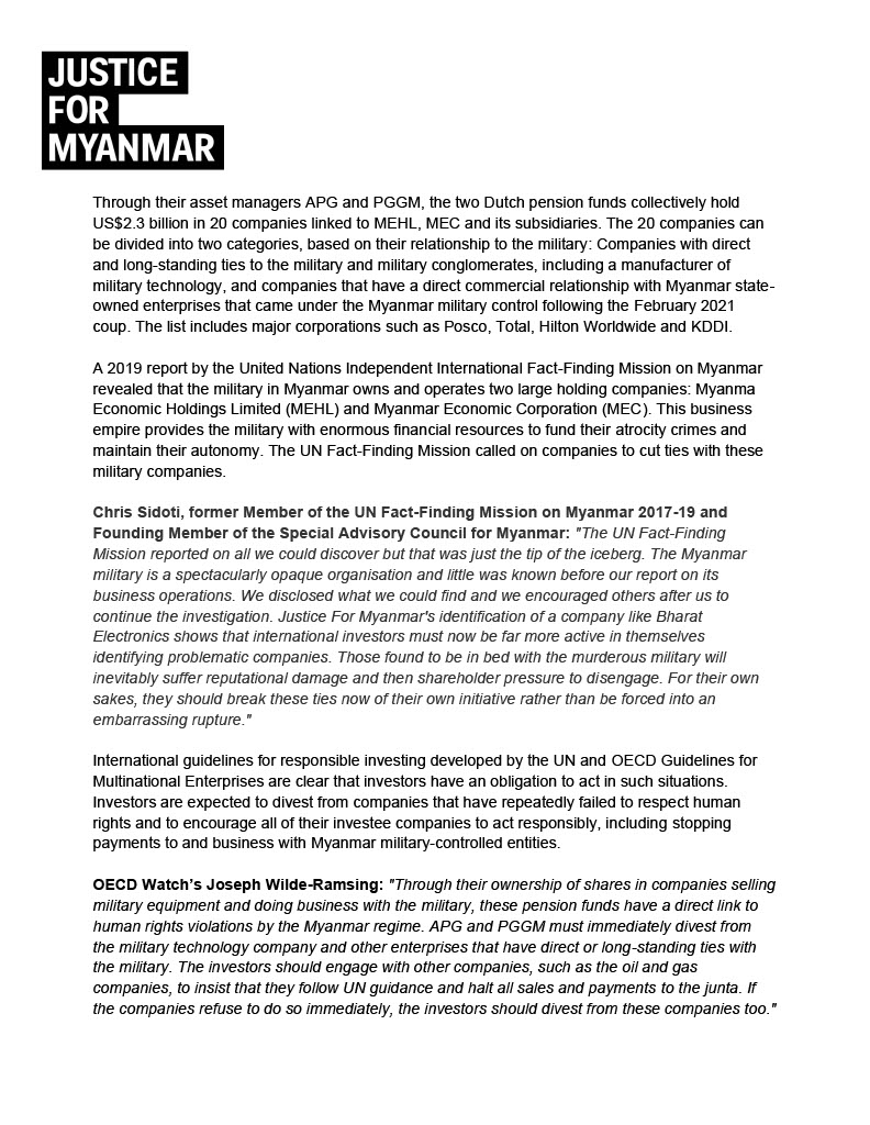 JusticeMyanmar's tweet photo. Press Release 📣 Dutch pension funds ABP &amp; PFZW hold US$2.3 billion in shares in companies linked to #Myanmar’s military. Justice For Myanmar calls on pension funds to take action now ✊🏽

Press Release 👉🏽 https://t.co/e25bdzdgrL
Brief 👉🏽 https://t.co/2IIZzhsKeu

#Myanmarcoup https://t.co/ysdiB6EogU