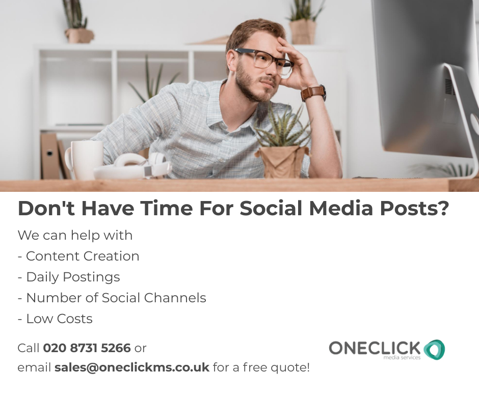 Don't Have Time For Social Media Posts? 

We can help with 
- Content Creation 
- Daily Postings
- Number of Social Channels
- Low Costs

Call 020 8731 5266 or
email sales@oneclickms.co.uk for a free quote!

#healthcaremarketing #dentalmarketing #lawfirmmarketing