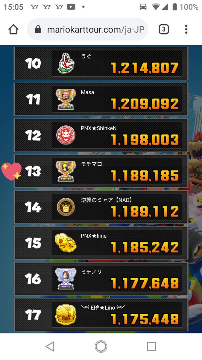 もちもの V Twitter 途中経過とはいえ Acrでこの順位でいられることなんて中々ないのでは 周りにいるの強い人ばっかりだぞ マリオカートツアー
