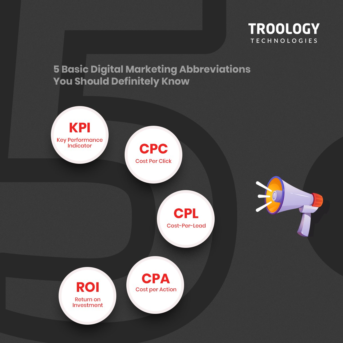 TROOLOGY's tweet photo. 5 Basic Digital Marketing Abbreviations You Should Definitely Know
#CPC #CPL #CPA #ROI #KPI #TROOLOGY https://t.co/ofQ63UEneq