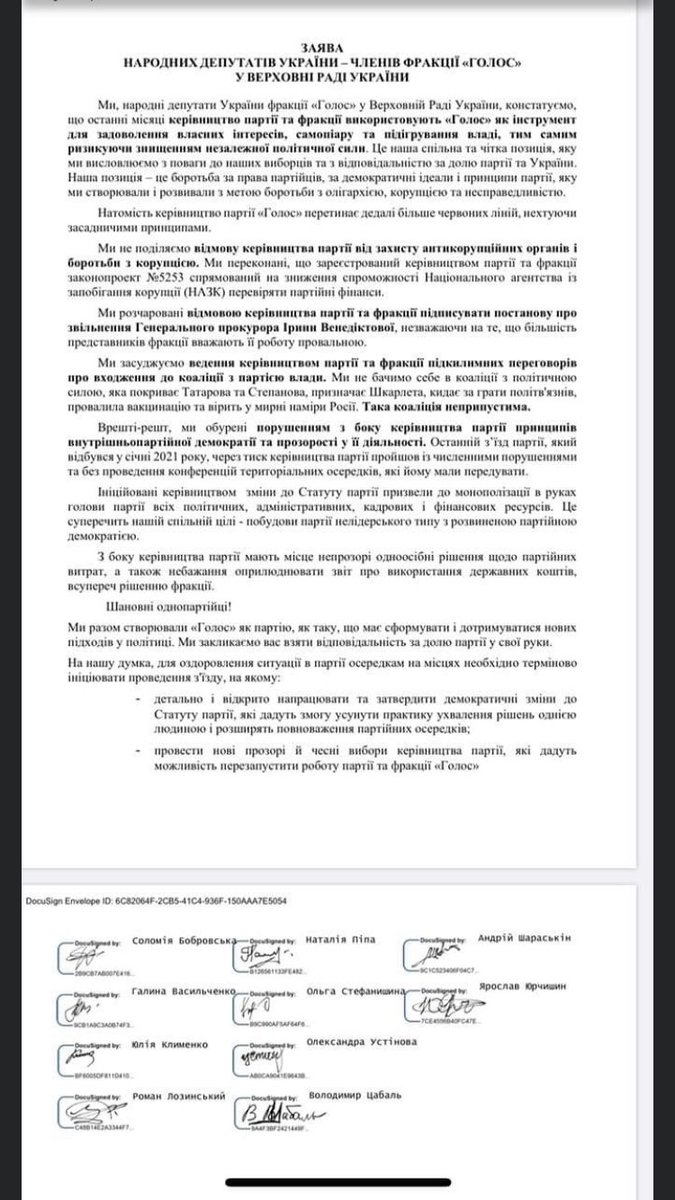 10 out of 20 deputies of oppositional “Holos” faction in Ukrainian parliament have signed a harsh letter of criticism against the faction’s leadership, accusing it of undermining anti-corruption bodies; secret talks with Zelensky; undermining internal democracy; violating rules.