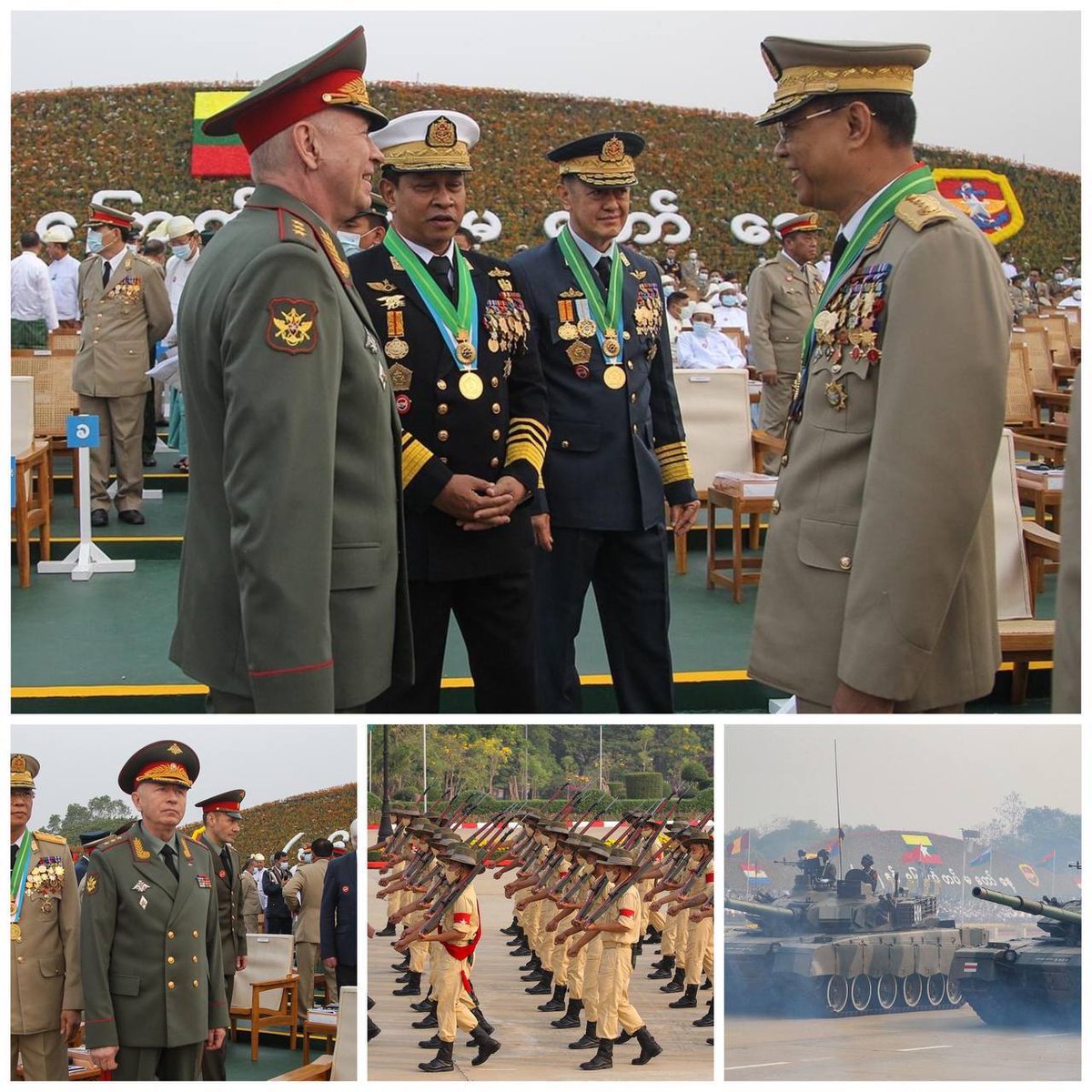 Noe2Tdm's tweet photo. General of Russia visited the parade on Day of Shame of Myanmar Military. Russia is strengthening the ties with Myanmar Military; meaning they are praising the mass murderer by supplying weapons etc. Shame on you #Russia.

#WhatsHappeningInMyanmar  
#Mar30Coup https://t.co/E0GGVmX5HY