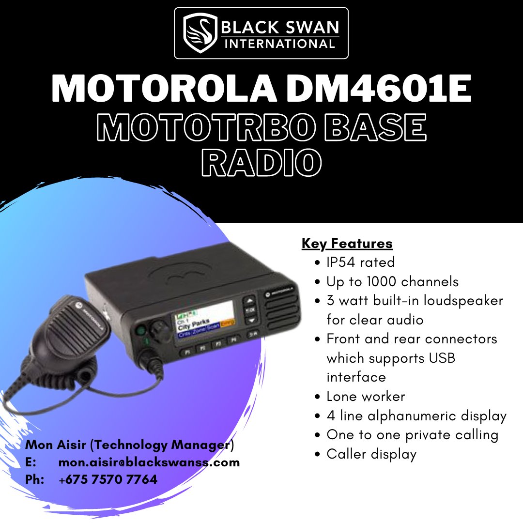 BlackSwanInter1's tweet photo. Choose to provide your business with the best solution radio, Motorola DM4601e base radio.

Contact Black Swan International’s Technology Services Manager for more information about this product:
mon.aisir@blackswanss.com or +675 7507 7764

#BlackSwanInternational #securitysystem https://t.co/a3cnUrFwUw