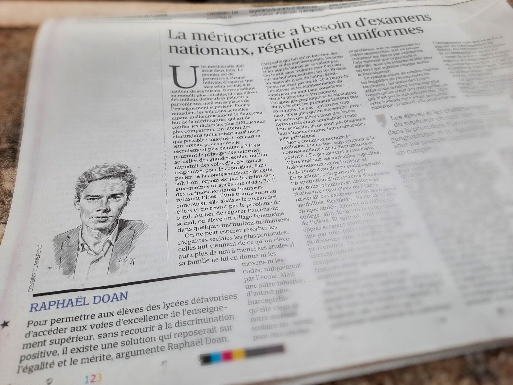 raphaeldoan's tweet photo. Je soumets aujourd'hui dans @Le_Figaro une proposition pour renforcer la méritocratie : un système permettant d'évaluer uniformément les élèves sur le territoire, contre l'injustice qui fait que les notes n'ont pas la même valeur selon la réputation et l'origine du lycée. https://t.co/AOcz9GPOuE