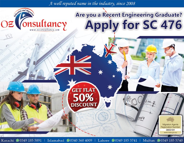 #Discount50_for_Recent_Graduate_Enginneers

Are you a Recent Graduate Engineer and having a PEC Recognized Degree? Don't waste your time - Get a Full-time Work opportunity in Australia - at Subclass 476- Temporary Graduate Visa.