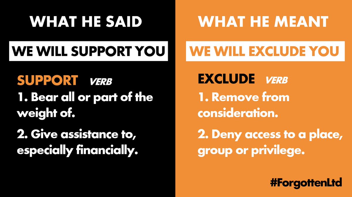 Words are powerful things; words change lives.

When <a href="/RishiSunak/">Rishi Sunak</a> said "Support" we believed him. When he said we wouldn't be #ForgottenLtd, we trusted him.

But words were all they were.

<a href="/BorisJohnson/">Boris Johnson</a> <a href="/Jesse_Norman/">Jesse Norman</a> we urgently need actions, not words.  Close #GapsInSupport now.