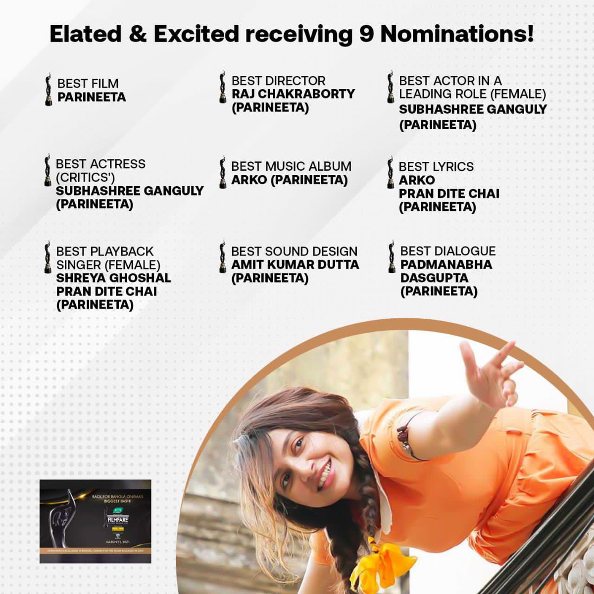 Excited &amp; overwhelmed receiving 9 Nominations in Filmfare Awards Bangla! Keeping Fingers Crossed! Best wishes to all my friends &amp; co-nominators. 
#parineeta team <a href="/iamrajchoco/">Raj chakrabarty</a> <a href="/shreyaghoshal/">Shreya Ghoshal</a> <a href="/ArkoPravo19/">Arko Pravo Mukherjee</a> <a href="/hijbjjibij/">padmanabha dasgupta</a> <a href="/RCEpvt/">RAJ CHAKRABORTY ENTERTAINMENT</a>