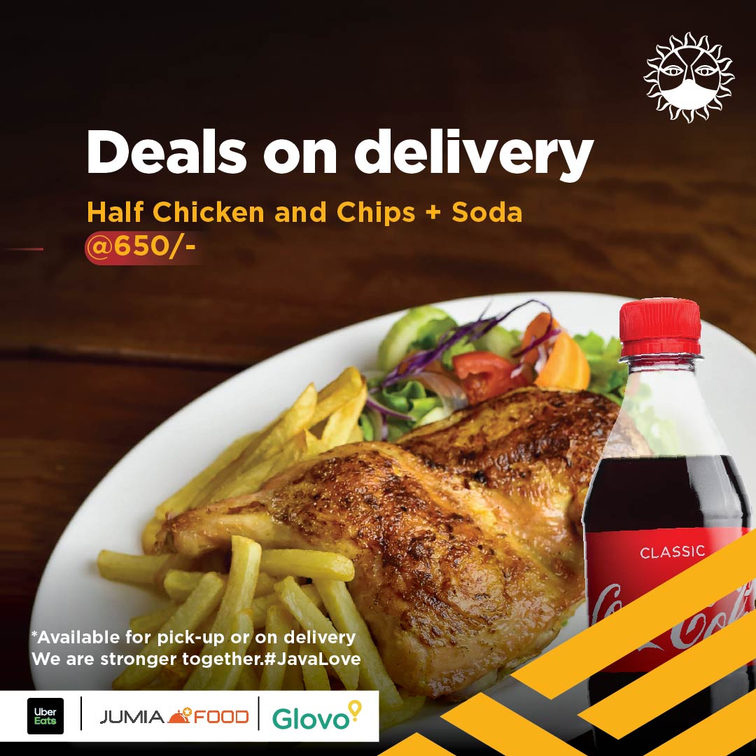 javahouseafrica's tweet image. Have you had a chance to enjoy the 1/2 chicken + chips + soda for Ksh. 650 offer yet? Available right now for pick up at branches and on delivery from Uber Eats, Glovo and Jumia Food. #JavaLove #JavaCares
