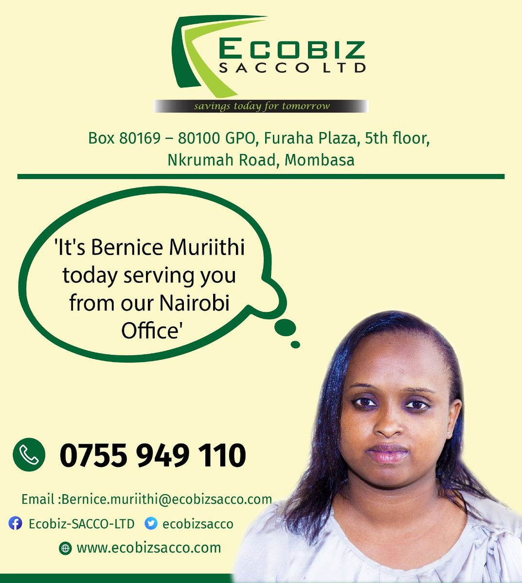 EcobizS's tweet photo. Meet Bernice Murithii our lead sales & marketing officer from our Nairobi branch.
Do not hesitate to contact her for any questions or assistance in any of our services.
#JibambeNaEcoBiz #EcoBizSacco #Save50BobDaily https://t.co/7GkbpUlRLf
