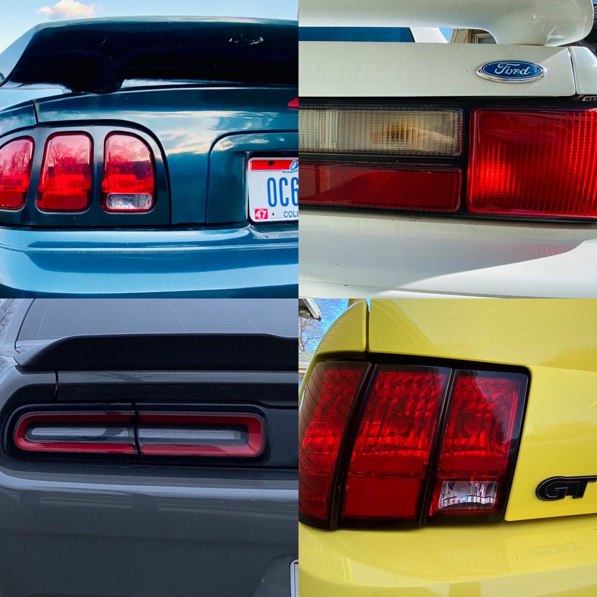Evil95GT's tweet photo. #TaillightTuesday with my #QuartetOfBadassery. In order of acquisition, L to R, top to bottom: ‘95 Mustang GT; ‘89 Mustang LX Convertible; ‘17 Challenger Scat Pack Shaker; ‘02 Mustang GT. Both the ‘95 GT and the Challenger were bought new. The other two Mustangs were lucky finds. https://t.co/77LAsXbWlm