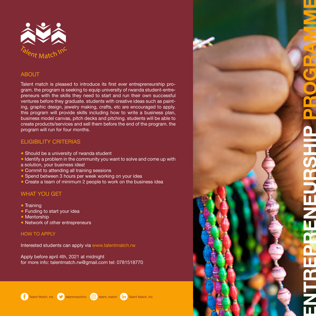 Uni_Rwanda's tweet photo. Are you a UR student with aspirations to start your own venture? Don't miss out this @talentmatchinc #opportunity which introduces you to their Entrepreneurship Program. Interested students should apply through https://t.co/OdViLfj7eB or visit the website https://t.co/Z9uKzQ5ZJ6 https://t.co/2RwL2E3J9N