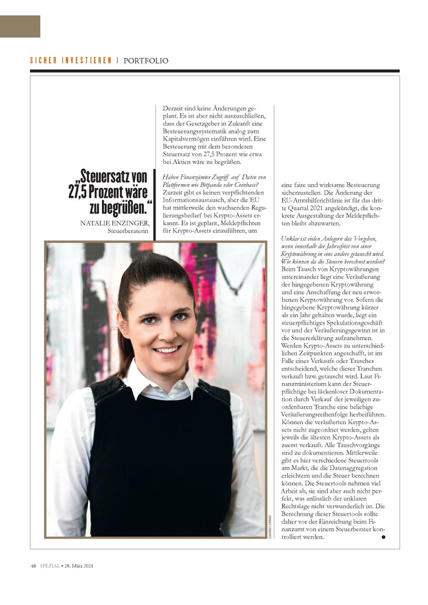 EnzingerStb's tweet photo. Natalie Enzinger im Profil (Ausgabe vom 28.03.2021) zu Krypto Assets "Grosse Rechtsunsicherheit"

https://t.co/eU5b4sDB1p https://t.co/JIF0WlUH9S
