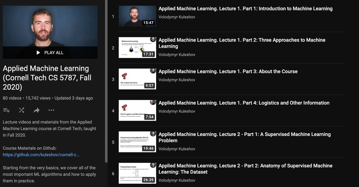 suzatweet's tweet image. If you&apos;re looking for an intro to applied ML, this is very well structured. Could be also something for @__MLT__ study sessions 😊

🤖 Applied Machine Learning (Cornell CS5785, Fall 2020)

Lecture series: youtube.com/playlist?list=…
GitHub: github.com/kuleshov/corne…