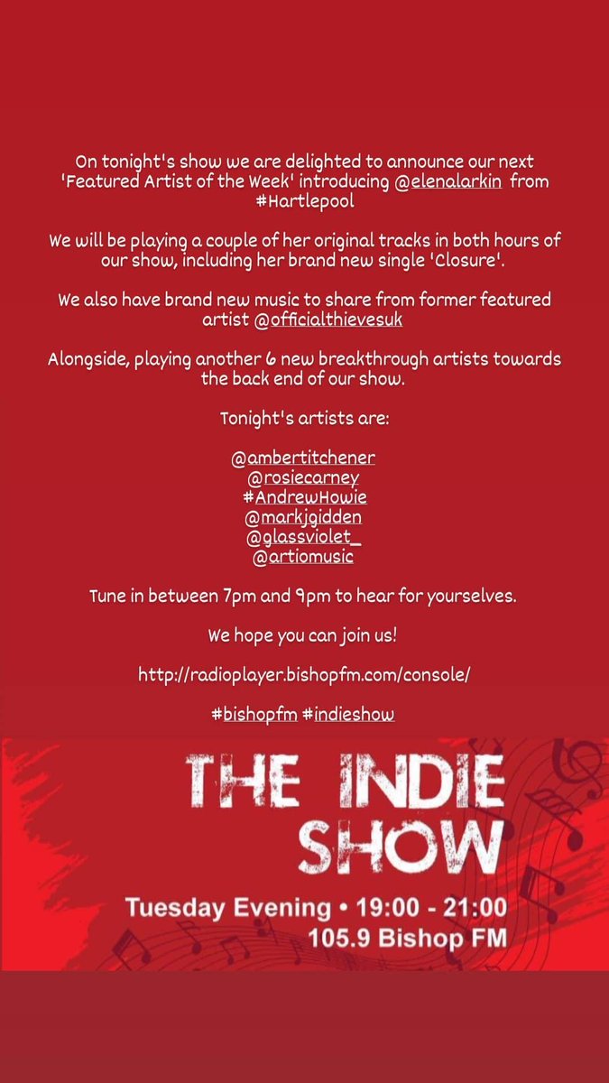 relaunch_radio's tweet photo. On tonight's show our #featuredartist is #Hartlepool singer/songwriter @ElenaLarkin

Our Get To Know feature returns with @amileighmusic also featuring @chloenattrass &amp; #Limbic

6 more breakthrough artists:
@AmberTmusic @RosieCarney11 @calamateur @MarkJGidden @GlassViolet_ #Artio https://t.co/WGWkQOa7MZ