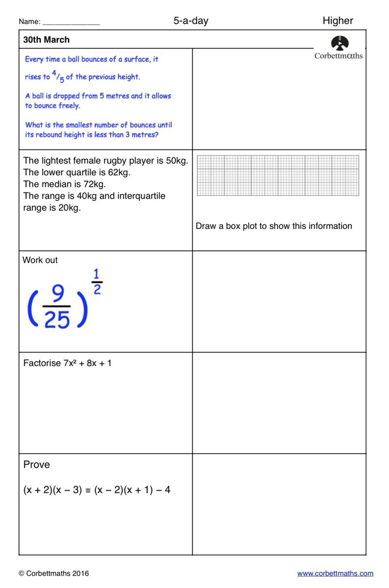 Corbettmaths's tweet photo. Studying for Higher GCSE Maths? Try today's Foundation Plus, Higher &amp; challenging Higher Plus #maths5aday answers: https://t.co/YFH42YTcTV https://t.co/0yUgey115o