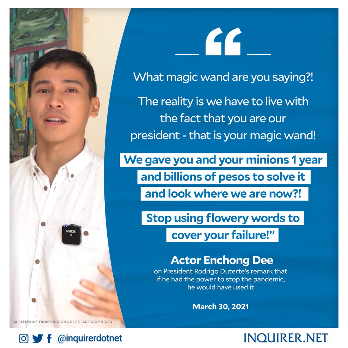 inquirerdotnet's tweet image. Actor Enchong Dee airs dismay over President Rodrigo Duterte’s remark that if he had the power to stop the pandemic, he would have used it.