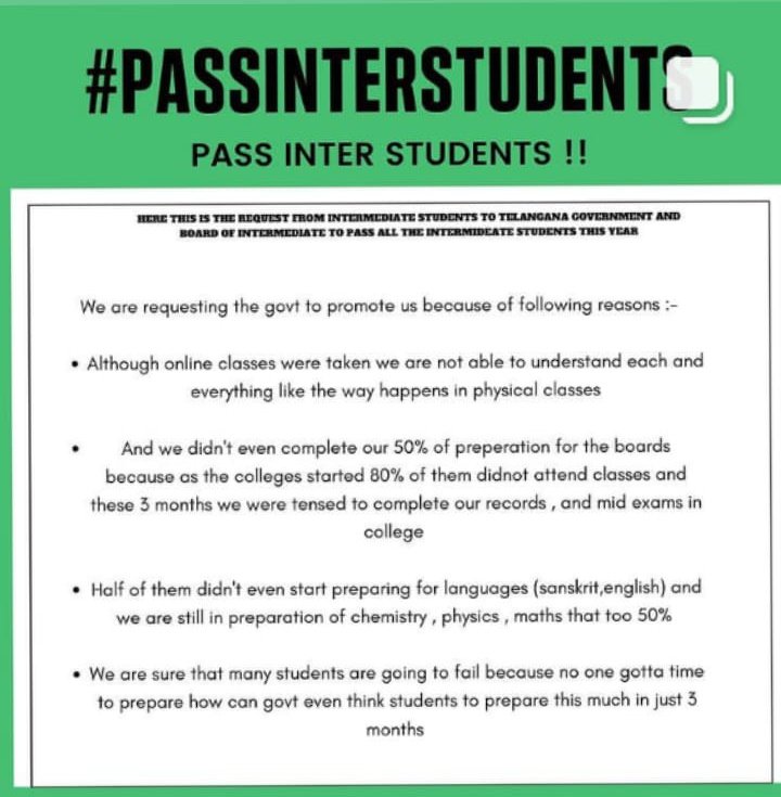 nanda_venna's tweet photo. We request the Government to promote both 1st and 2nd year students by taking a serious decision.
@KTRTRS @SabithaindraTRS @TV9Telangana @EduMinOfIndia @PawanKalyan @ANI #passinterstudents #inter2021 @usedgov https://t.co/G7EL7mALXS