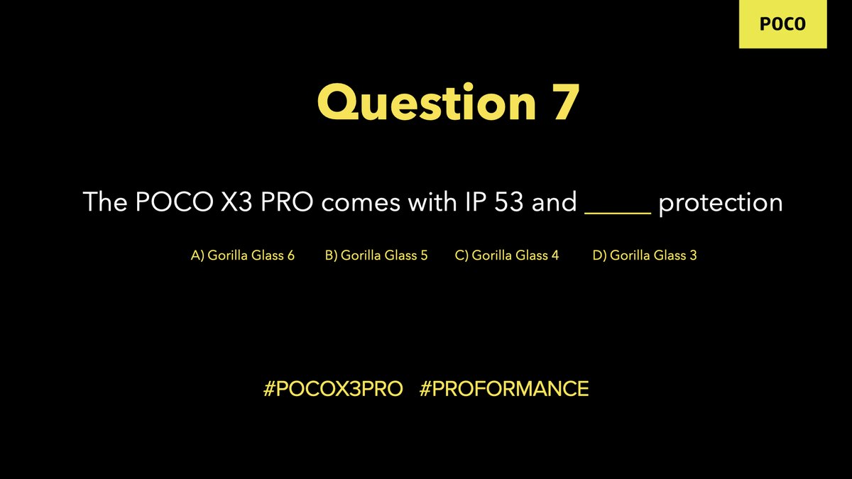 IndiaPOCO's tweet photo. Q7) The POCO X3 PRO comes with IP 53 and ________ protection.
  
 Hint: It's a sixer when it comes to protection 🤪
  
 Reply your answer with #POCOX3PRO #PROformance.
  
 Retweet the previous tweets to increase your chance of winning.
  
 #POCOX3PRO #PROformance https://t.co/eNZ0mf8Axj