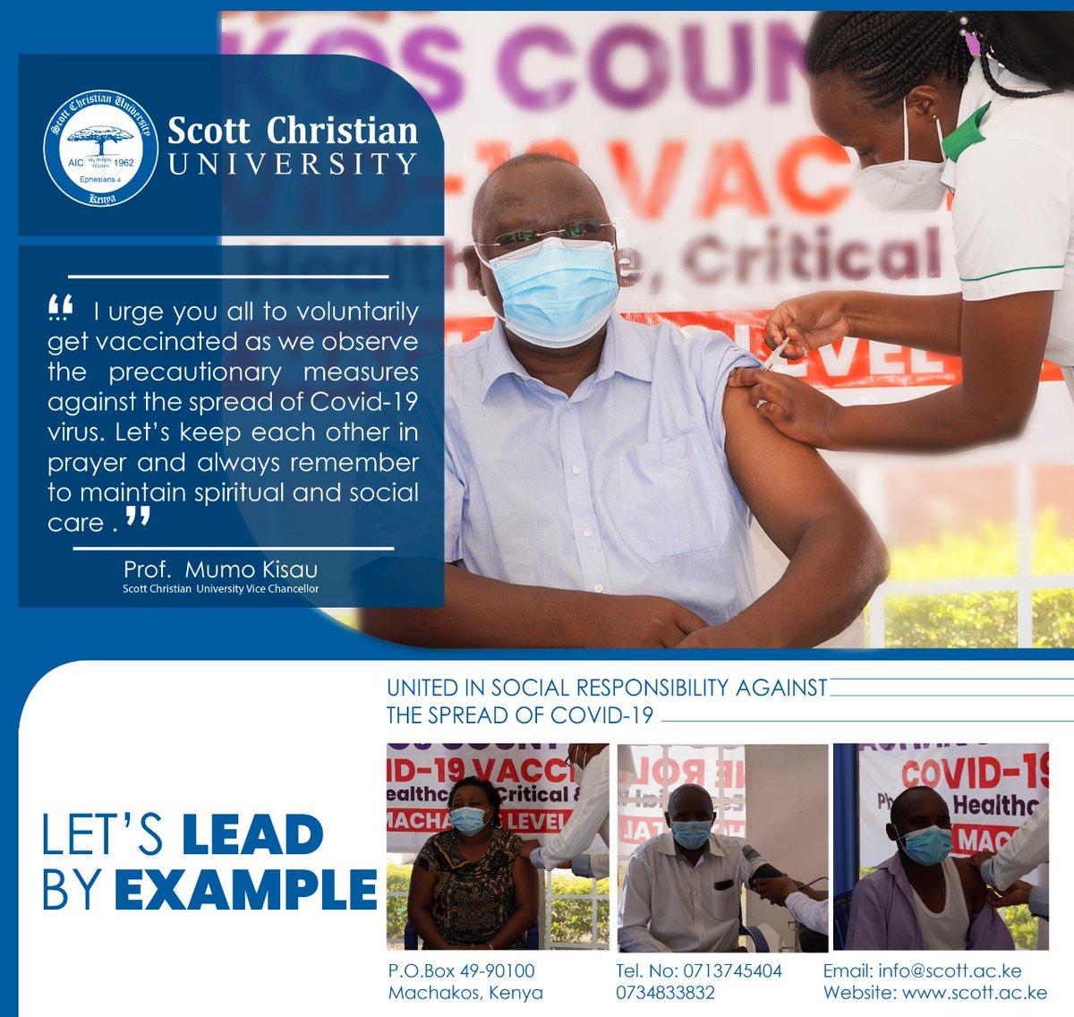 ScottUni's tweet photo. Prof. Mumo Kisau, the Vice Chancellor leads Scott Christian University in getting vaccinated against the novel corona virus. https://t.co/DMz3rD7oj0