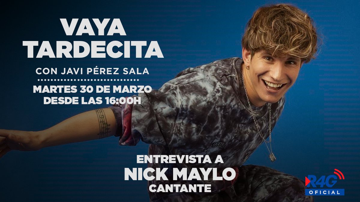 BOMRadio_'s tweet photo. Hoy estará con nosotros en @VTardecita4G con @javierperezsala un auténtico diamante en bruto, el gran @nickmaylo_.

Seguro que nos habla del estreno de "Tras de ti", videoclip que estrenó la semana pasada.

Escúchale aquí 👉 https://t.co/8uwRGOB6Qs https://t.co/Em5SSEz6mY