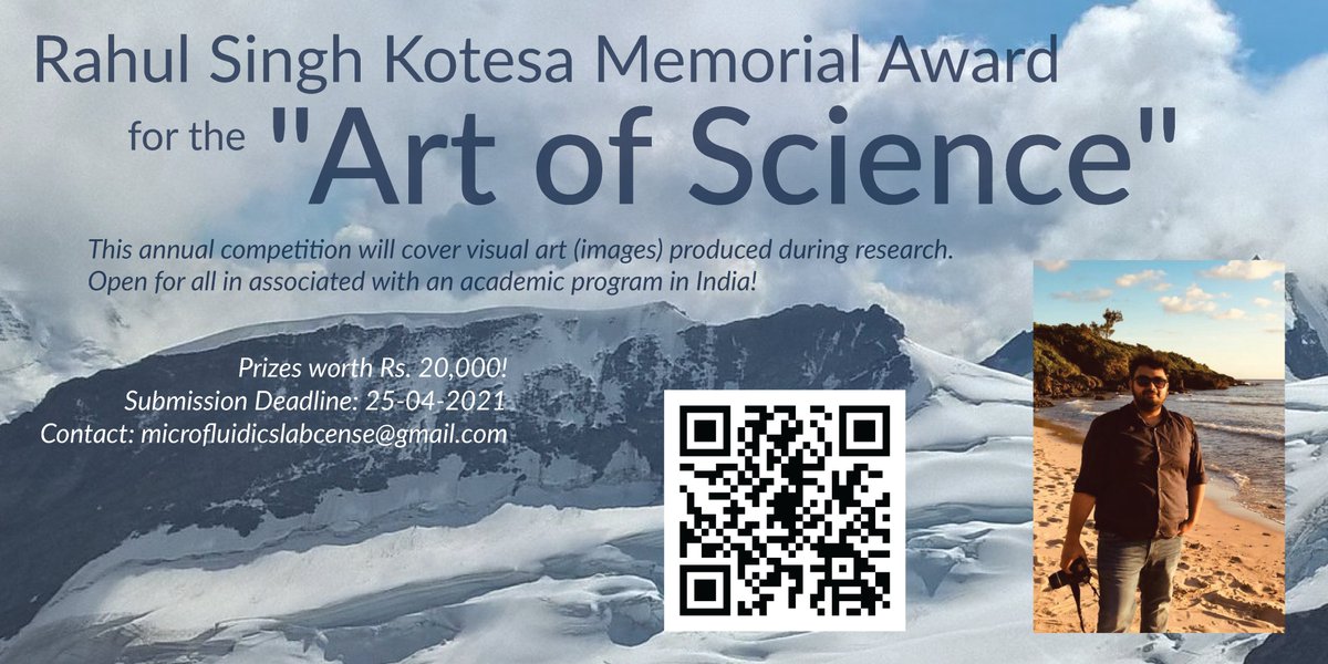 <a href="/GroupProsen/">ProSen Group</a> and <a href="/CeNSEatIISc/">CeNSEatIISc</a> are announcing an "Art of Science" award in the memory of our late PhD student Mr. Rahul Singh Kotesa. Open to all associated with an academic program . The deadline is 25/4/20 Apply here! 

sites.google.com/iisc.ac.in/mdh…

<a href="/iiscbangalore/">IISc Bangalore</a> #iisc #cense