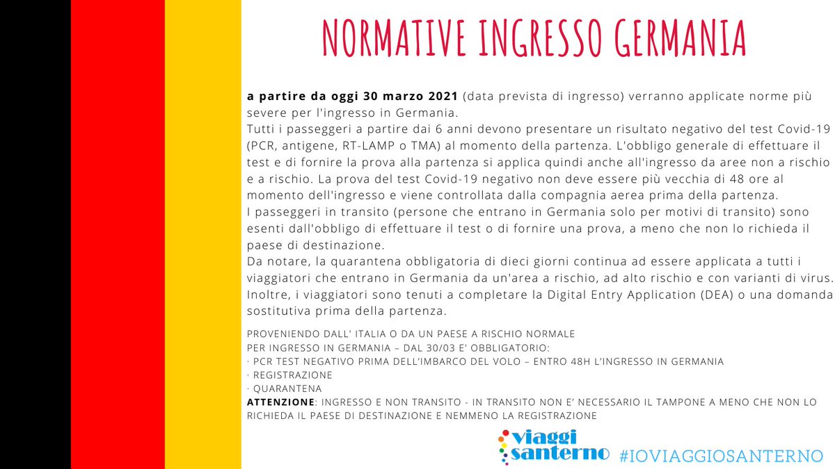 NUOVE NORMATIVE INGRESSO GERMANIA 🇩🇪
a partire da oggi 30 Marzo

#ioviaggiosanterno #nuovenormative #germania #italia #imola #bologna #emiliaromagna #viaggiare #businesstravel #vacanzesicure #germany