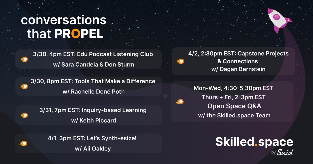 SkilledSpace's tweet photo. This week in Spaces 🚀
When will YOU be in orbit?
#ConversationsThatPropel #edchat #education #audioonly #educoach https://t.co/4RYVZWNPLC