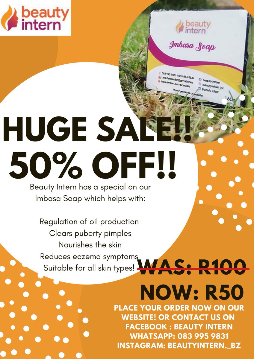 intern_beauty's tweet photo. #NoxoloGrootboom Hi Beauty Interns! We're having a massive sale on our Imbasa Soap!😍😍❤️💃💃💃Imagine 50% OFF!!!. Get yours today while stocks last! 5️⃣0️⃣ OFF!! https://t.co/VLwN378LtL