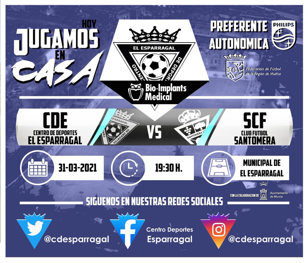 ¡A por los 3 puntos en casa!.
Nos enfrentamos al <a href="/cfsantomera/">C.F Santomera</a> 
📆 Miércoles 31
⏰ 19:30h
📍 Municipal de El Esparragal
🚷 Sin público