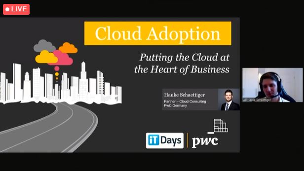 PwC_Luxembourg's tweet photo. We're happy to host the #ITDAYS digital edition kicking off now! We welcome our colleague Hauke Schaettiger from @pwc_de who is giving a keynote speech about '#Cloud Adoption: Putting the Cloud at the Heart of Business'. Tune it 👇

@ITOne_News https://t.co/sfizg9jI6Y