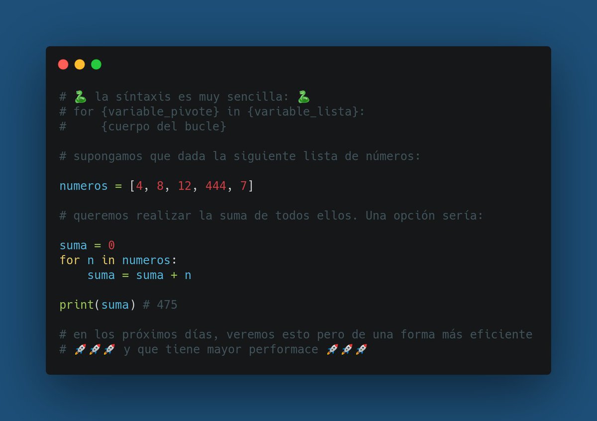 dgarrido's tweet photo. Síntaxis bucle for en Python, dada una lista que ya contiene elementos #python #python101 #pythonbeginners #learnpython #learningpython #pythontip #programming #dev #pythondev https://t.co/DGioVqqVdG