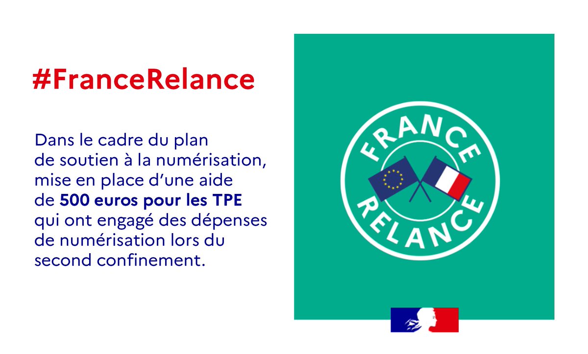 DGEntreprises's tweet photo. #FranceRelance I Une aide sous forme de chèque numérique de 500€ pour aider les #TPE fermées administrativement lors du second confinement à couvrir leurs coûts de #numérisation.
ℹ️  Modalités et dépôt des dossiers : https://t.co/kC63d92AUM
➕Infos  👉 https://t.co/2udKSHK7Gg https://t.co/WjTVc9qBfz