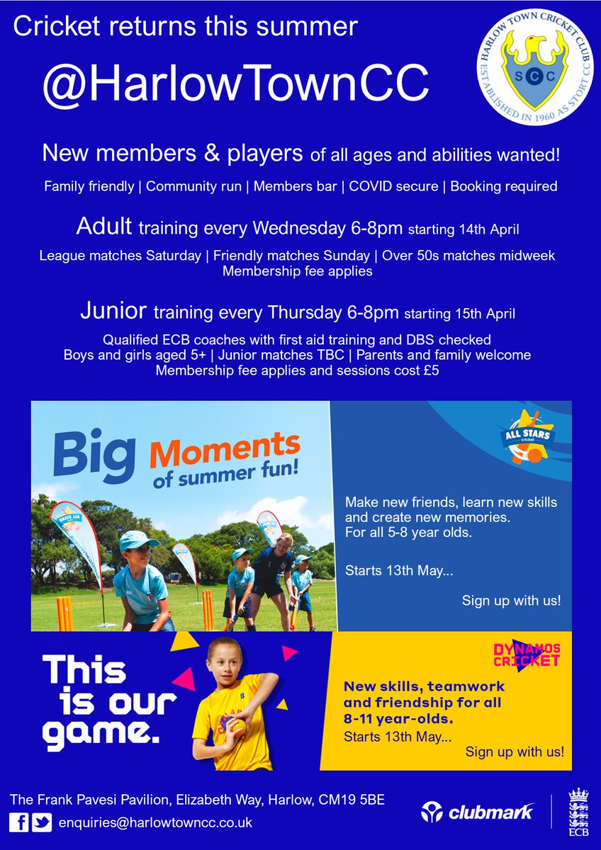 Harlowtowncc's tweet photo. Just over 2 weeks to go. Fancy getting outside and giving cricket a go? Got kids who need to get outdoors? Sociable, family friendly club, ready to welcome you this summer ☀️🏏 #Getinvolved #getactivegethealthy #Community #CricketFamily #Fun https://t.co/wOAB44yeof