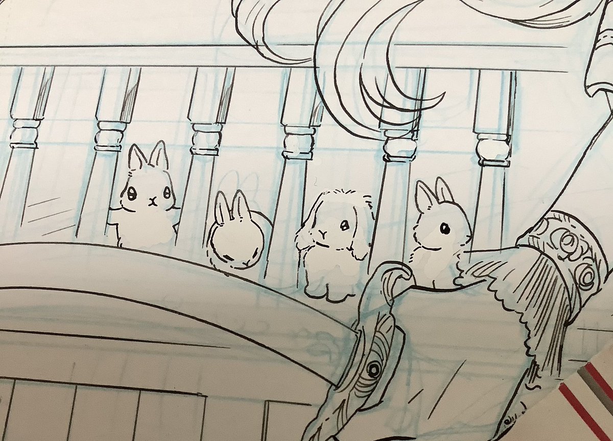 漫画技法シリーズ‼️
?床のパースがわからない 
?
?うさーずを描いて床を隠そう! 