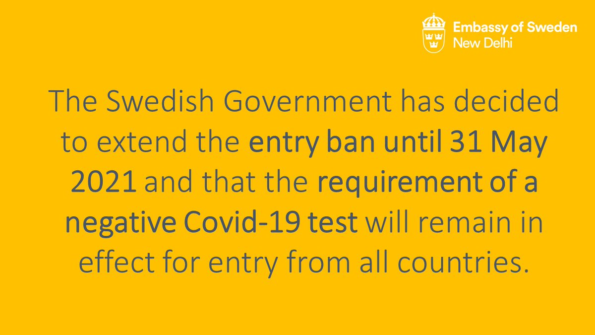SwedeninIndia's tweet image. ENTRY BAN EXTENDED UNTIL MAY 31, 2021 

Questions and answers about the entry ban to Sweden - government.se/articles/2020/…

#travelrestrictions #entryban #COVID19