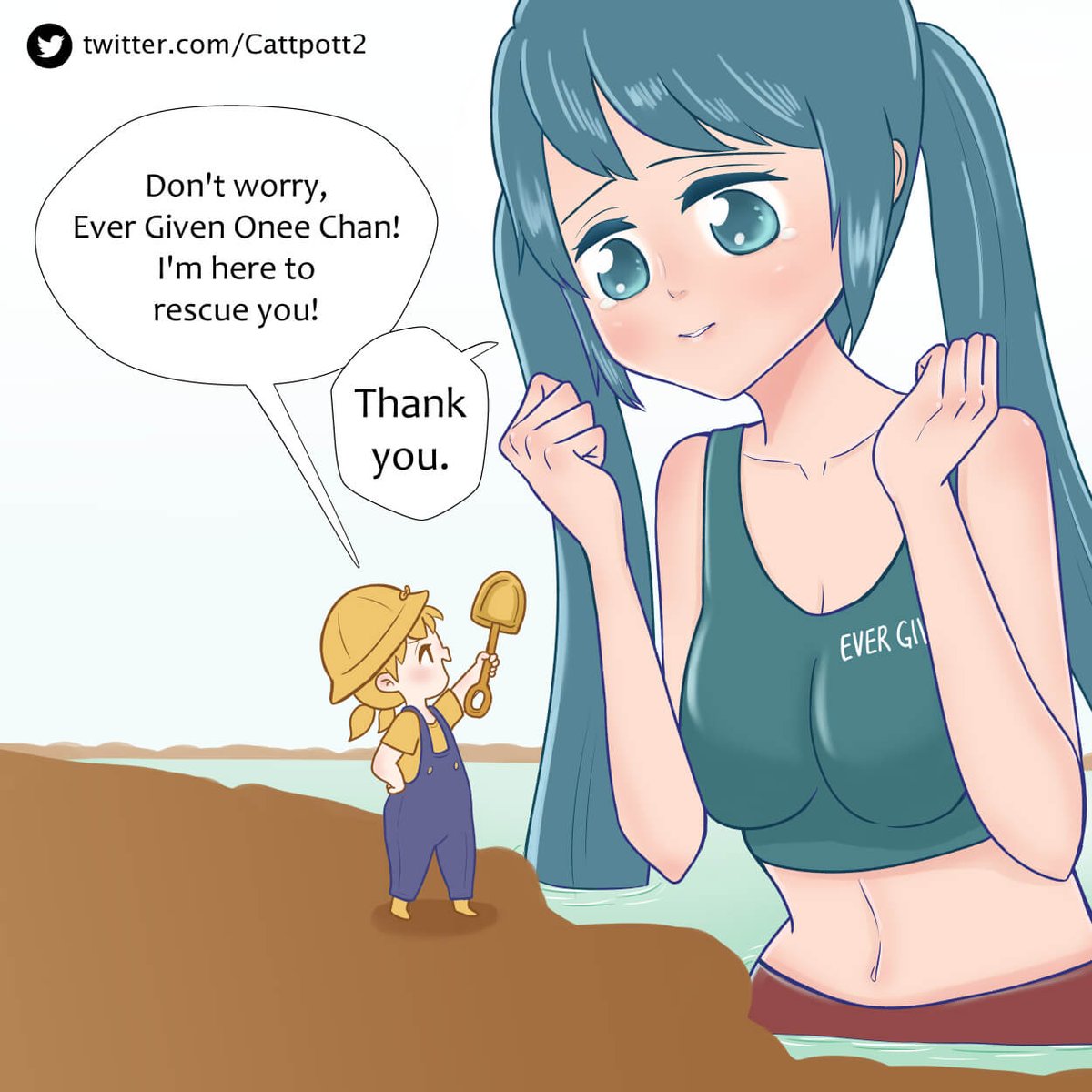 Cattpott2's tweet photo. Congrats to Ever Given being rescued! Here's our little hero lending the big sister a hand!
#EVERGIVEN #gijinka #Evergreenship #anthromorph #FANART https://t.co/hnatDD3RNq
