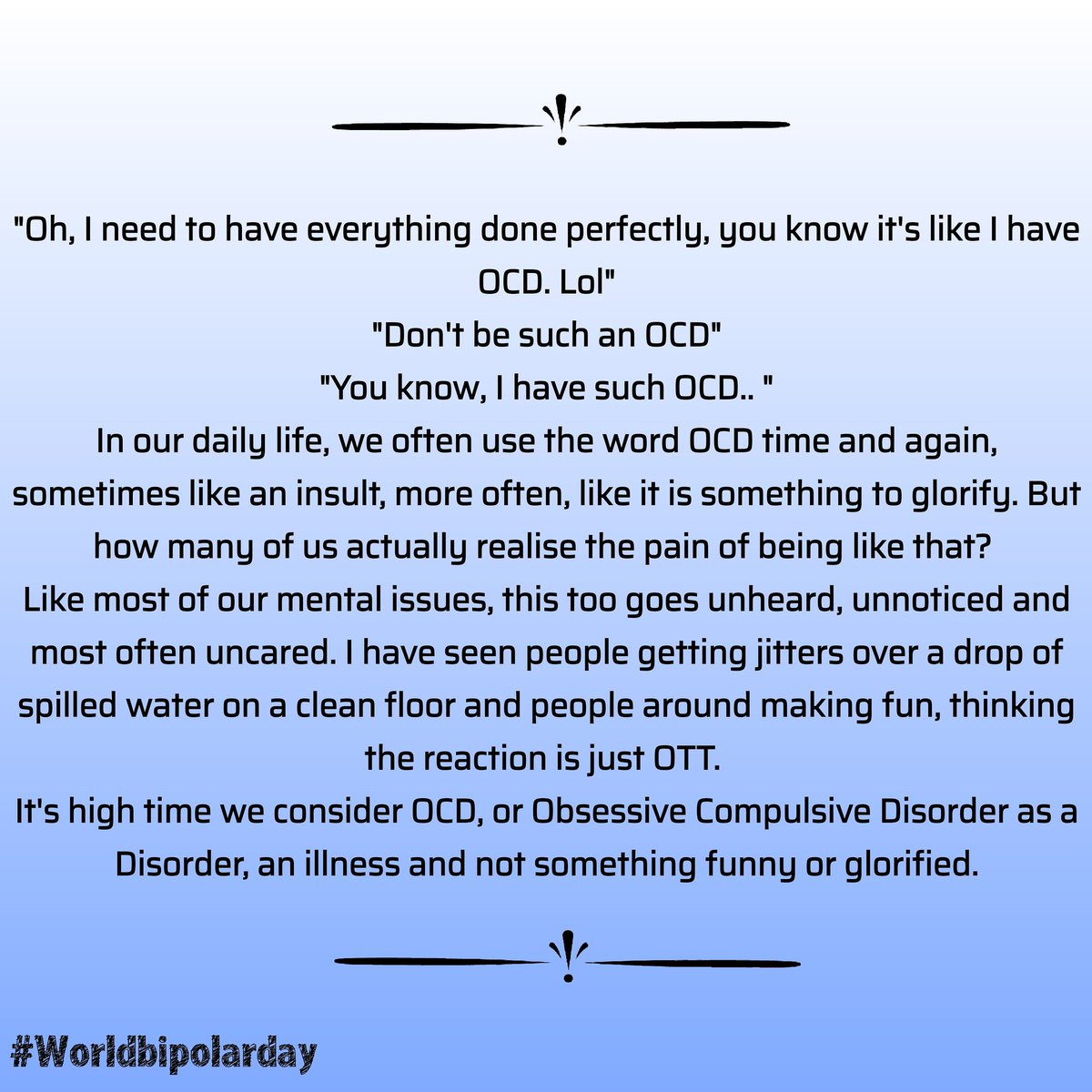 BipolarMahila's tweet photo. What is perfection? Another powerful voice talks about it and OCD.

OCD can be one of the many co-morbid condition associated with bipolar disorder.

Read and share.

#WorldBipolarDay 
#bipolarwarrior 
#bipolarmahila 
#OCD 
#bipolardisorder 
#mentalhealth 
#mentalhealthmatters https://t.co/ML9DJcsDyT