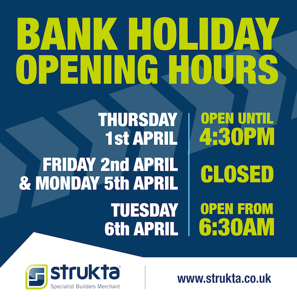 struktagroup's tweet photo. Our teams will be taking a well-earned rest as we close for the bank holiday period. We’ll be back bright and early on Tuesday 6th April, supporting our customers with their important projects. 
For delivery before the bank holiday, please order by 4.30pm Wednesday 31st March. https://t.co/UjgKH1jBcg